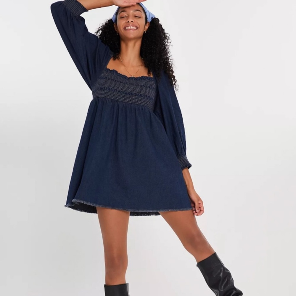 Free People This is Everything Babydoll Tie Smocked Denim Mini Dress